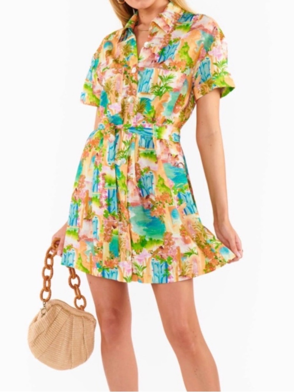 Show Me Your MuMu Tropical Print Mini Dress in Green, Blue, Pink